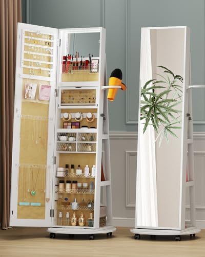 Full Length Mirror with Jewelry Storage, 360° Rotating Jewelry Armoire Organizer with Lights, Lockable Mirror Jewelry Cabinet Standing, Jewelry Mirror Cabinet for Gifts (White)