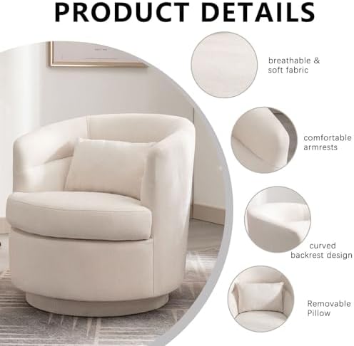 CANMOV Swivel Accent Chair Set of 2, 360 Degree Round Swivel Barrel Chair with Pillow, Upholstered Comfy Barrel Armchair Single Club Sofa Chair for Living Room, Bedroom, Reading Room,Beige