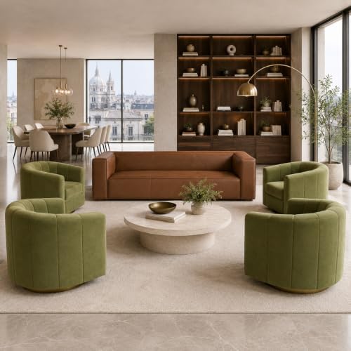 5-Piece Living Room Set, Genuine Leather Sofa + 4 Swivel Chairs