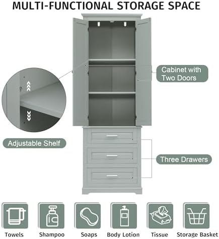 Polibi Tall Storage Cabinet with 3 Drawers, 3-Tier Adjustable Shelves & 2 Doors, Floor Freestanding Linen Cabinet for Bathroom, Living Room, Grey
