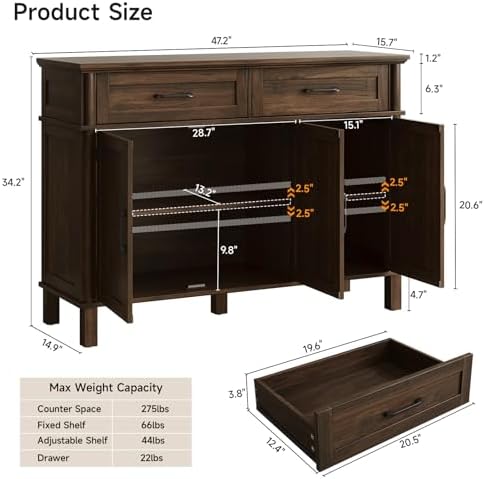 ONBRILL 48 Inch Buffet Cabinet with Storage, Walnut