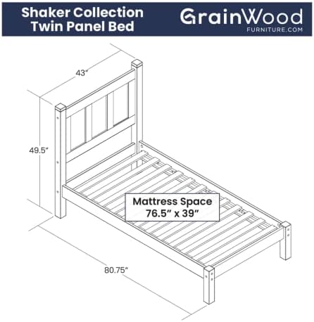 Grain Wood Furniture Shaker Solid Wood Panel Platform Bed, Twin Size, Walnut