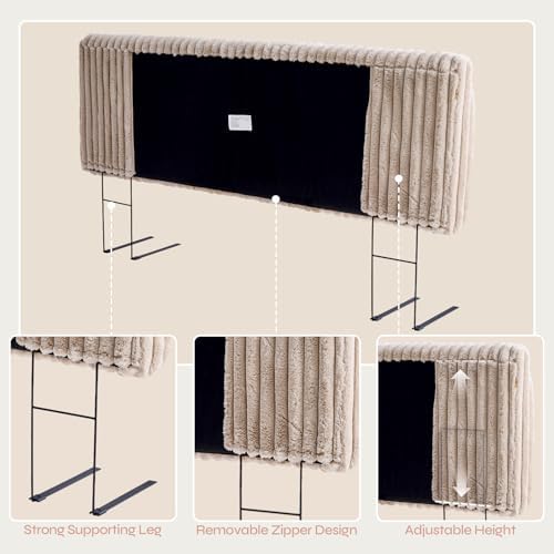 Pinmoco 4.7" Upholstered Modern Headboard for King Size Bed, Height Adjustable and Ergonomic Headboard, Easy Assemble, Sturdy and Durable, Faux Rabbit Fur, Light Camel