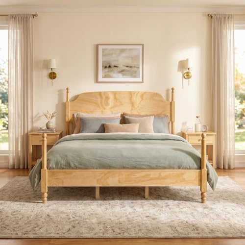 Christopher Knight Home Kane Wooden King Bed Frame with Headboard, Farmhouse King Size Bed Frame and Arched Headboard, 4-Poster King Bedframe with Slats Support, No Box Spring Needed, Natural