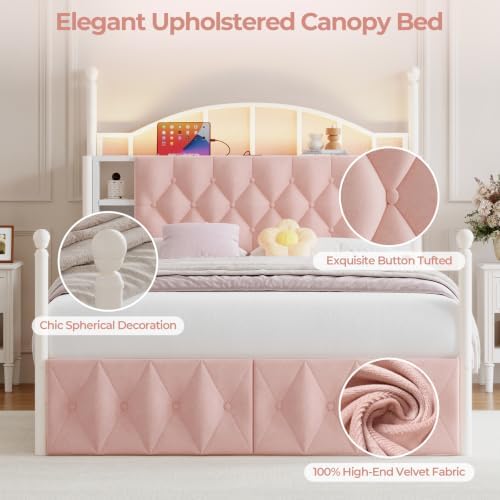 Queen Size Upholstered LED Canopy Bed Frame with 2 Drawers and & Charging Station, Button Tufted Storage Headboard, Metal Platform Bed with 4 Removable Posts, No Box Spring Needed, Pink