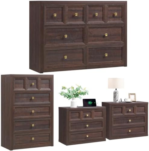 4 Piece Bedroom Set - Includes 6 Drawer Dresser, 5 Drawer Wood Dresser and 3 Drawer King Size Nightstands Set of 2 with Charging Station, 4 Piece Farmhouse Dresser and Nightstand Sets,Brown
