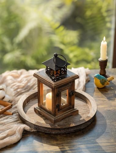 Hanobe Round Wooden Candle Holder Trays for Coffee Table, Distressed Finish