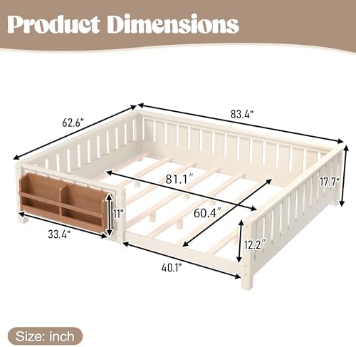Queen Size Montessori Floor Bed with Bookshelf, Guardrail and Slats, Beige