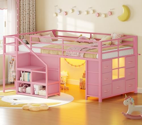 BTHFST Low Loft Bed Twin Size with Stairs,LED Lights,7 Large Drawers, Pink