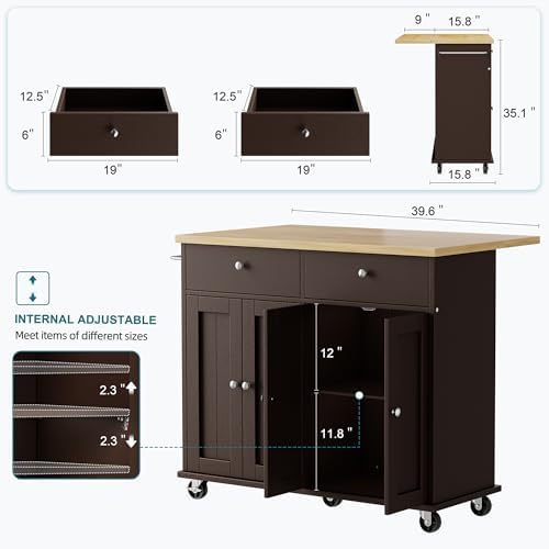 Shintenchi Kitchen Island with Drop Leaf, Rolling Kitchen Cart with Storage on Wheels, Table Bar Cart for Kitchen with Towel Rack & Seating Area for Dining Room, Brown
