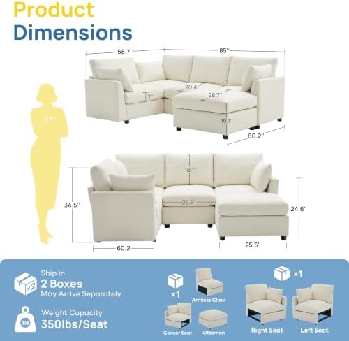 Iroomy Modular Sectional Loveseat Couch for Living Room, Modern Chenille Sofa with Ottoman, 5 Seat, Beige