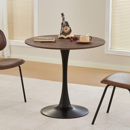 Round Dining Table, 31.5" Circle Tulip Table with Thickened Tabletop & Metal Pedestal, Mid Century Modern Bistro Table for Kitchen, Small Places, Living Room, Cafe (Faux Walnut)