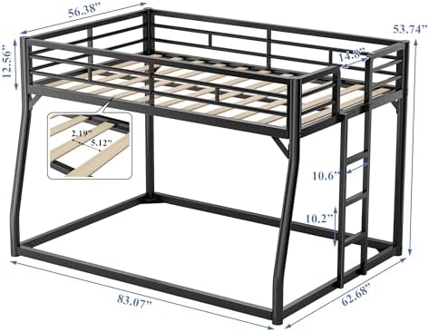 PVWIIK Metal Full XL Over Queen Bunk Bed w/Ladder and Safety Guardrail for Kids Teens Adults,Heavy-Duty Sturdy Bunk Bed,No Box Spring Needed,Black