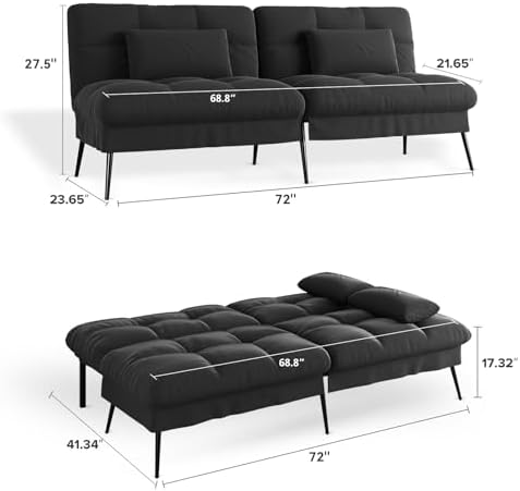 COMHOMA Futon Sofa Bed, 72″ Convertible Sleeper Sofa, Upholstered Loveseat