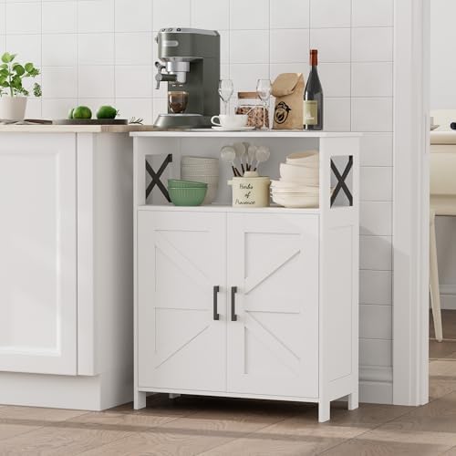 Homhedy Farmhouse Bathroom Storage Cabinet with Doors, Small Floor Cabinet | Toilet Paper Cabinet with Adjustable Shelf, Freestanding Storage Cabinet for Kitchen/Laundry/Living Room, 24"W, White