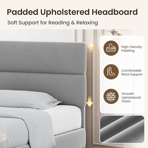 GRUSIGN Full Size Platform Bed Frame with Velvet Headboard, Adjustable Height Wooden Slats Support, Upholstered Mattress Foundation, Fits Mattress or Mattress with Box Spring, Easy Assembly, Grey