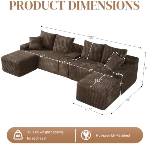 127" U Shaped Cloud Couch Modular Sectional Sofa, Fluffy Comfy Corduroy Boneless Sectional Couches for Living Room, Modern Cloud Sofas with Cup Holders & USB Port, Brown