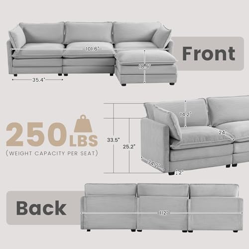 ROWHY 112'' Modular Sectional Cloud Couch with Movable Ottoman, 4 Seat Modern Corduroy Sofa, Deep Seat L Shaped Couch for Living Room Bedroom Apartment,Light Grey