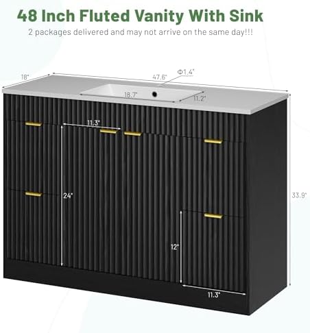 CARPETNAL 48 Inch Bathroom Vanity with Sink, Black. | Modern Fluted Bathroom Vanity with Sink with Storage Cabinet, Adjustable Shelf and 2 Soft Closing Doors & 4 Drawers.