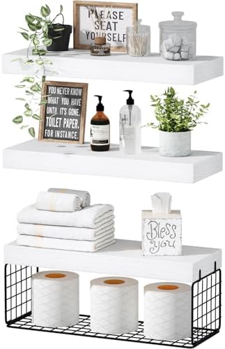 QEEIG Bathroom Shelves Over Toilet Wall (White and Black, Set of 3, 15.7")