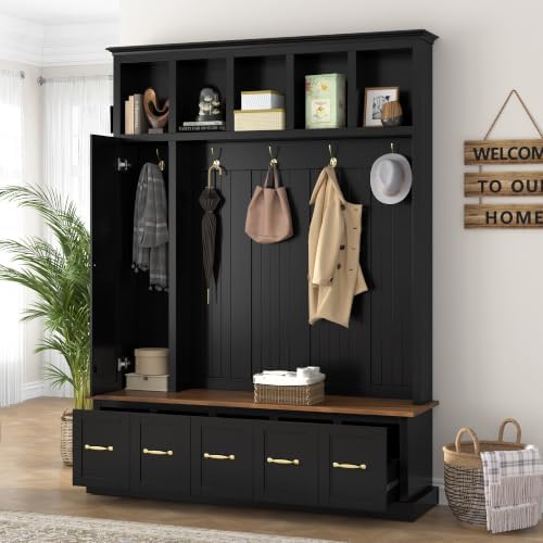 RuiSiSi Hall Tree with Bench and Shoe Storage, 5-in-1 Entryway Coat Rack with Drawer and Storage Cabinet, Antique Black