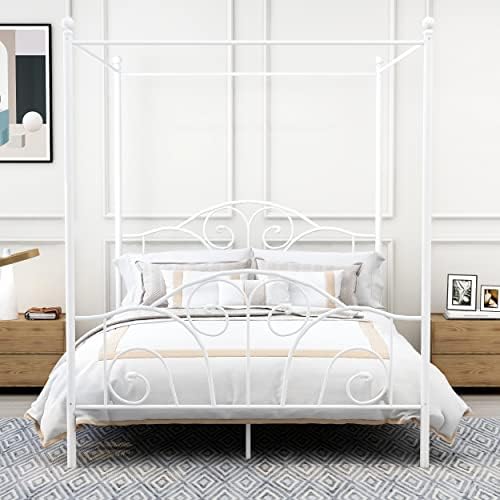 Queen Size Four-Poster Metal Canopy Bed Frame,White