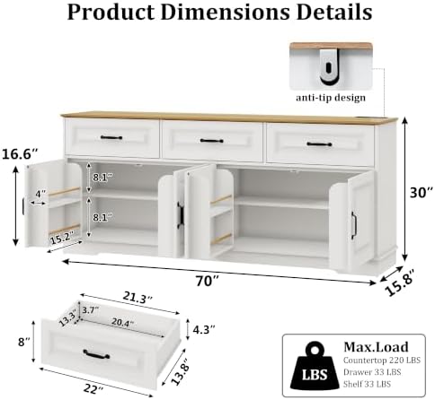 70” Large Sideboard Buffet Cabinet w/4 Doors,3 Drawers,Farmhouse Modern Kitchen Sideboard Cabinet w/8 Door Shelves,Wooden Coffee Bar Cabinets, Long Kitchen Buffet Table,Credenza for Dining Room,White