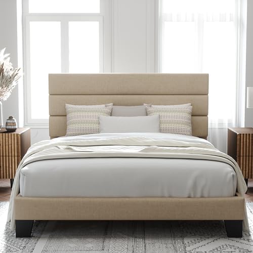 Allewie Queen Size Platform Bed Frame with Fabric Upholstered Headboard