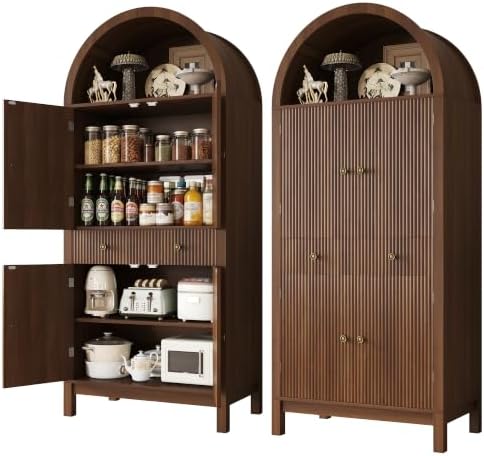 Apicizon 70" Tall Arched Kitchen Pantry Cabinet, 6-Tier Modern Fluted Wood Storage Cabinet with Doors Drawer & Adjustable Shelves, Farmhouse Cupboard Organizer for Dining Room, Bathroom, Walnut