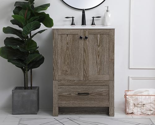 24" Pre-Assembled Bathroom Vanity with Sink, Engineered Wood, Ivory White Engineered Marble Countertop Attached, Single Rectangle Porcelain Sink, 1 Soft-Close Drawers, Weathered Oak