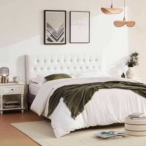 Tufted Upholstered Headboard Full Size, Adjustable Height 37- 51 in, White