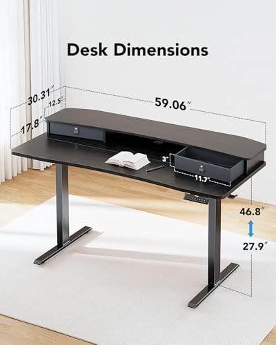 HUANUO 60″ x 30″ Electric Standing Desk with 2 Drawers, C-Clamp Mount Compatible, Height Adjustable Computer Desk, Home Office Stand Up Desk with 4 Preset Heights & 2 Hooks, Black