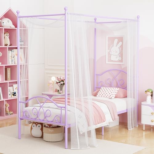 Twin Princess Canopy Bed Frame with 4 Posters, Twin Size Bed for Kids Girls