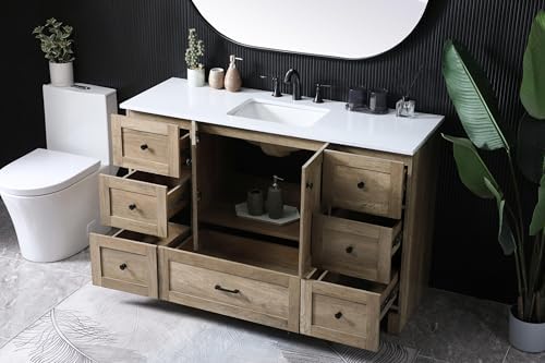 54" Pre-Assembled Bathroom Vanity with Sink, Engineered Wood, Ivory White Engineered Marble Countertop Attached, Single Rectangle Porcelain Sink, 7 Soft-Close Drawers, Natural Oak