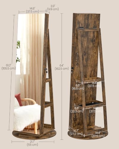 SONGMICS HOME Standing Jewelry Armoire, Full Length Mirror with Storage | Lockable Jewelry Cabinet with 6 LED Lights, Floor Mirror, Built-in Vanity, Rustic Brown Surface, Black Lining UJJC007X01SH