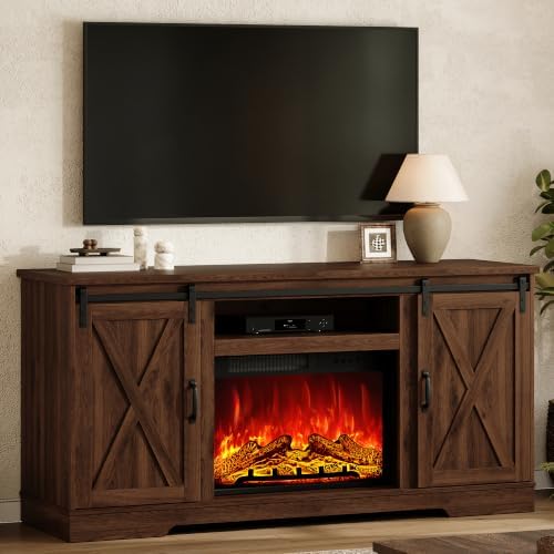 AMERLIFE 59" Fireplace TV Stand for TVs up to 65" with Sliding Barn Doors