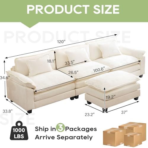 Oprisen 120" Modular Sectional Sofa, Comfy Deep Cloud Couch with Ottoman