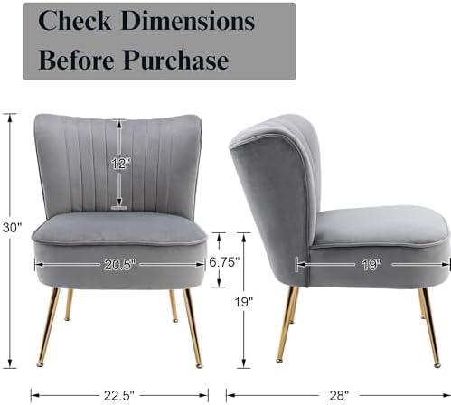 Velvet Accent Chair Set of 2 Comfy Living Room Chair Armless Slipper Chair Mid Century Side Chair Single Sofa Chair with Golden Legs Wingback for Bedroom Guest Room, Grey