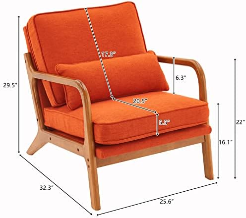 Bonnlo Linen Burnt Orange Mid Century Modern Accent Chair, Soild Wood Padding Lounge Armchairs Side Sitting Chairs for Living Room, Bedroom, Guest Room