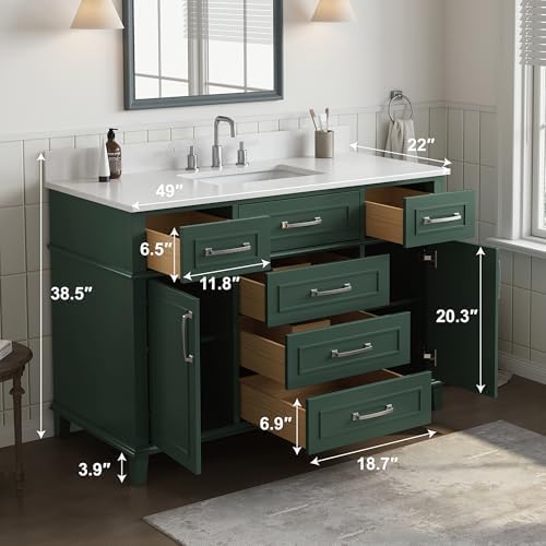 48 Inch Green Bathroom Vanity with Sink, Pre Assembled | Freestanding Solid Wood Bathroom Vanities with 2 Soft Close Doors & 5 Dovetail Drawers, 0.78" Stone Top, Backsplash