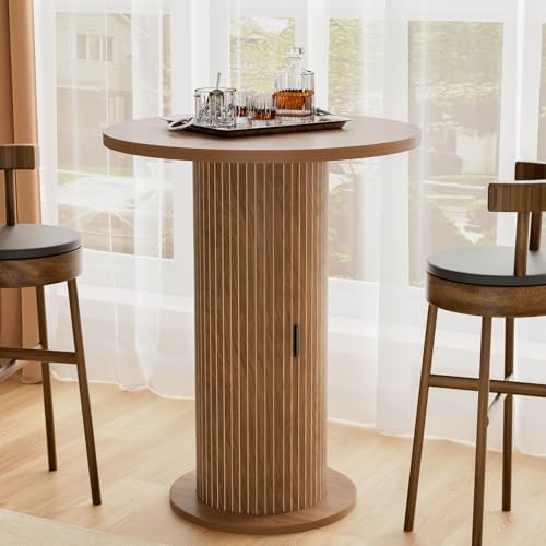 Bar Table with Storage and Sliding Door, 39.4” H 31.5” W Small Round Kitchen Table, Home Bar High Top Cocktail Table for Kitchen, Coffee Bar, Living Room, Walnut