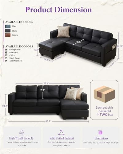 TYBOATLE Black Sectional Couches w/Side Pockets for Living Room