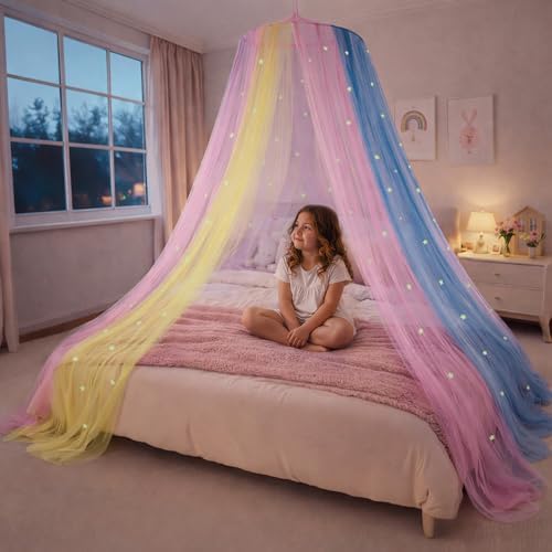 Bollepo Bed Canopy for Girls with Glowing Stars - Canopy Bed Curtains | Fits Single, Twin, Full, Queen Size Kids - Princess Bed Canopy | Rainbow Bedroom Accessories, Netting Room Decor, Ceiling Tent