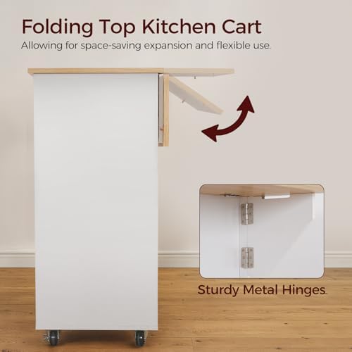 MAHANCRIS Kitchen Island on Wheels with Drop Leaf, Folding Countertop Kitchen Island Cart, Kitchen Island Table with Towel Rack, Drawer, for Kitchen, Dining Room, White and Natural KINW12501