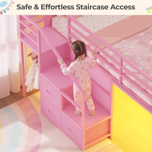 BTHFST Low Loft Bed Twin with Desk, Stairs, 6 Storage Drawers, Pink