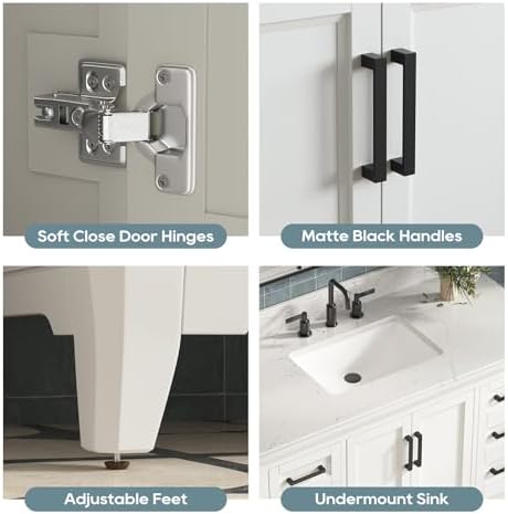48 Inch Bathroom Vanity with Sink, Fully Assembled, White | Farmhouse Solid Wood Bathroom Sink Cabinet, 2 Soft Close Doors & 7 Dovetail Pine Drawers, Quartz Countertop, Backsplash