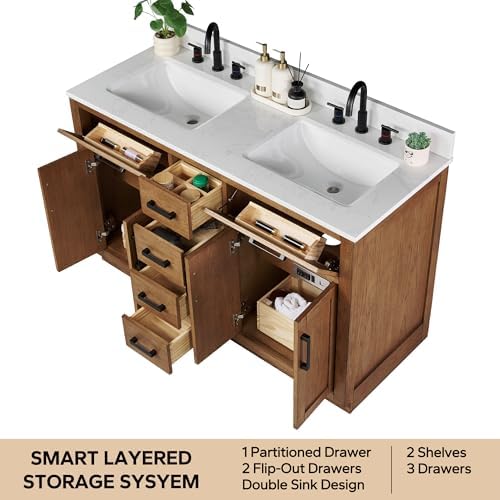 54-inch Dark Walnut Bathroom Vanity with 2 Sinks, Solid Wood, 0.79-inch Stone Countertop and Backsplash, 6 Drawers, 4 Soft Closing Doors