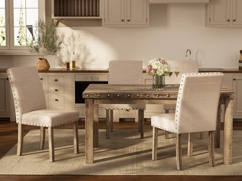 Modern Fort 5-Piece Farmhouse Dining Table Set for 4, 60" Rectangular Wood Dining Table with 4 Upholstered Chairs, Nailhead Trim, Kitchen Table with Chairs Set for Dining Room & Breakfast Nook