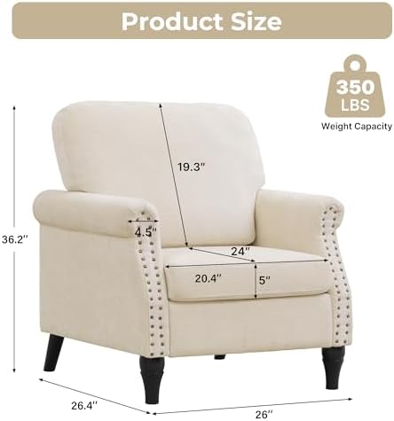 Accent Chair for Living Room, Modern Mid Century Reading Chair Armchair High Back Upholstered Armchair with Wooden Legs for Living Room Bedroom Office (Beige, 1pcs)