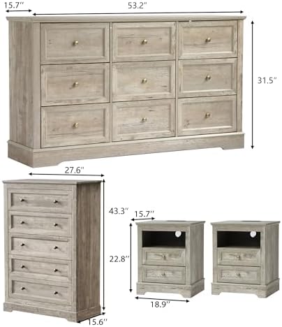 KIGOTY Farmhouse Bedroom Set, 4 Pcs Dresser and Nightstand Sets, 9/5 Drawer Dresser & 2 Drawer Nightstand Set with Charging Station,Rustic Wood Bedroom Furniture Set for Home